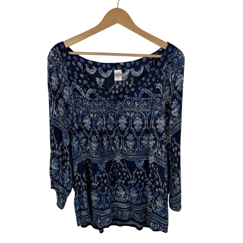 Bila Floral Peasant Top Size XL Blue‎ Stretch Comfy Lightweight Boho Festival